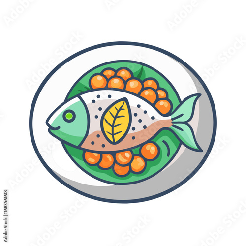 Stylized illustration of fish and roe on plate
