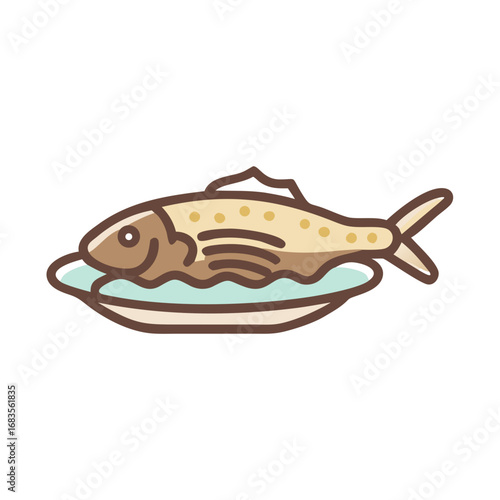 Stylized illustration of baked fish served on a platter