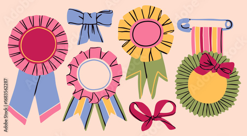 Various Medals with ribbon set. Different shapes, colors. Hand drawn modern Vector illustration. Reward badges for winners, award, championship, contest, success concept. Isolated design elements