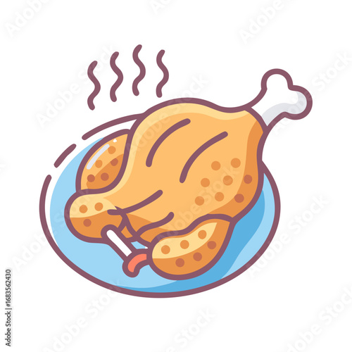 Roasted chicken on platter with steam cartoon illustration