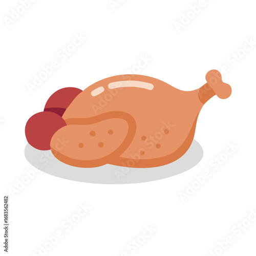 Roasted chicken with potatoes on plate, isolated illustration