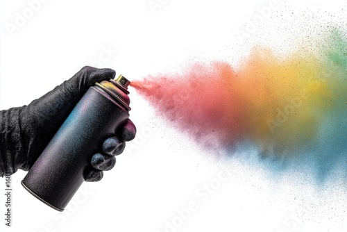 Hand in black glove holds spray paint can, colorful powder explodes
