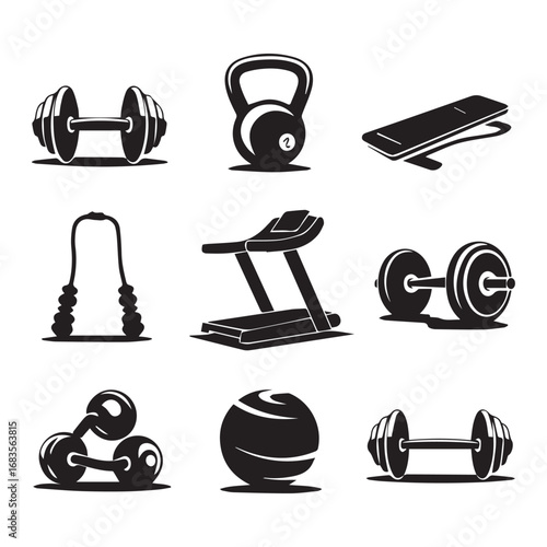 Collection of fitness equipment icons including dumbbells, kettlebell, treadmill, and jump rope, isolated on white background technology background