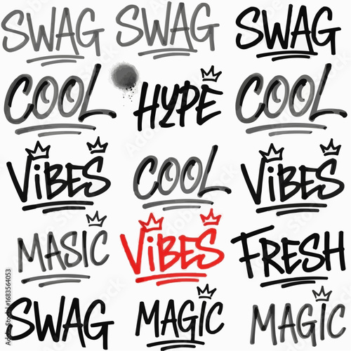 Collection of Hand-Drawn Sketch Style Typography with Cool Words like "Swag," "Hype," and "Vibes"