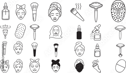 A collection of clean line art icons representing skincare and beauty treatments for a radiant complexion.