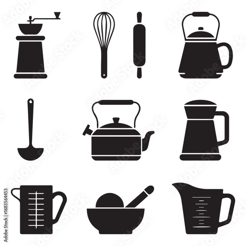 Collection of kitchen utensils and cooking tools in black silhouette, isolated on white background technology background