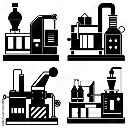 Four industrial machines in black and white showing different types of manufacturing equipment designs