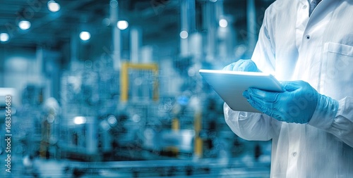 Scientist or engineer in a lab coat and blue gloves holding a tablet in a blurred industrial or laboratory setting.