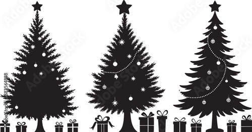 Christmas Tree Silhouette with Star, Gifts, and Ornaments – Holiday Winter Decoration Vector Illustration