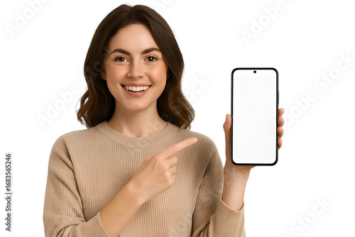 Young happy woman model pointing at big mobile phone screen presenting new trendy app at cell, showing blank empty display cellphone template, holding smartphone mock up isolated on png.