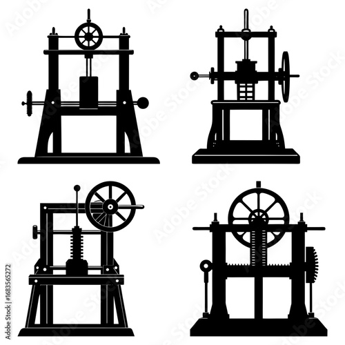 Illustration showing four different vintage mechanical press machines in silhouette against a white background