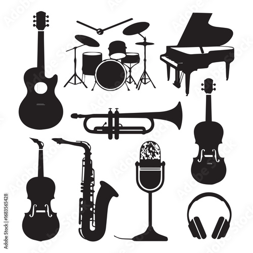 Collection of musical instruments and audio equipment silhouettes isolated on white background technology background