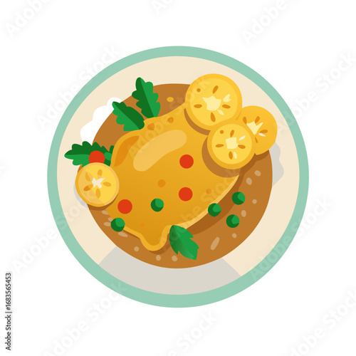 Top view illustration of chicken dish on a plate