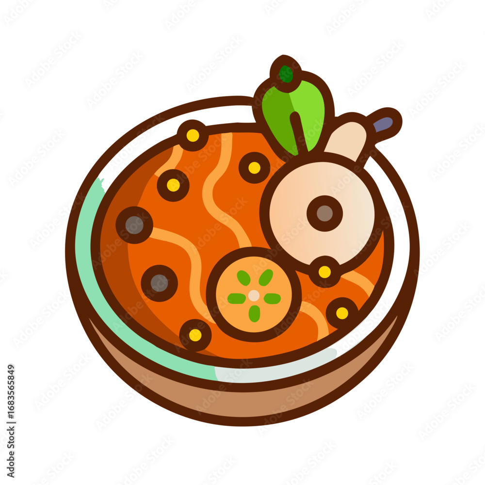 Fototapeta premium Stylized bowl of soup graphic illustration on black backdrop