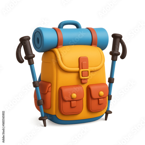 Cartoon hiking backpack with trekking poles isolated on transparent background