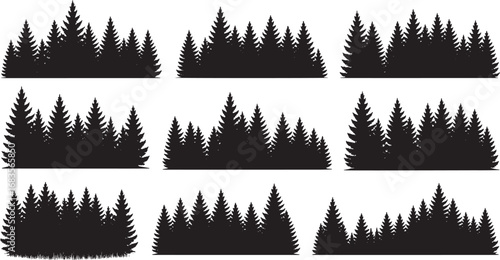 Fir tree silhouette set – detailed coniferous spruce and pine forest vector illustrations. Horizontal black evergreen tree line patterns, hand-drawn treetop panoramas, and dense woodland borders.
