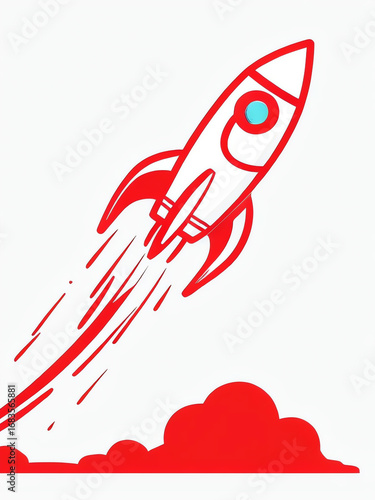 a stylized red and white rocket launching upwards with motion trails on a minimalist background
