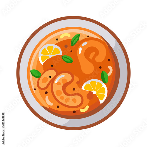 Artistic rendering of Shrimp Bisque Soup with Lemon garnish