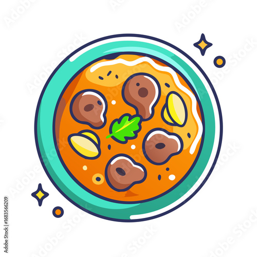 Cartoon style meatball soup illustration on a black background