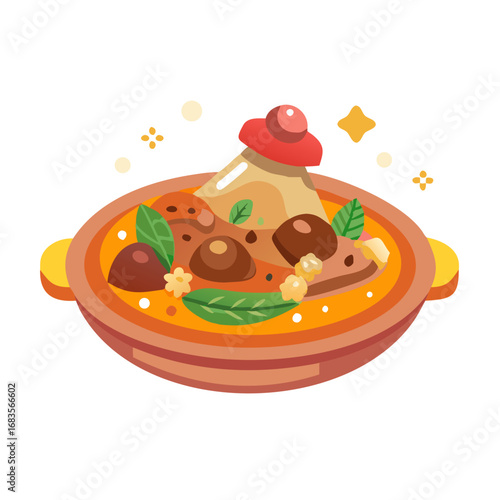 Flat illustration of tagine dish with vegetables and spices