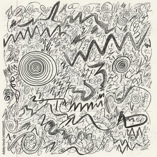 Abstract Hand-Drawn Scribble and Doodle Pattern on a Lined Notebook Paper Texture