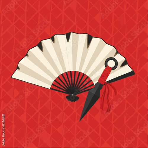 Japanese Folding Fan and Kunai Knife on a Red Geometric Background - Vector Illustration