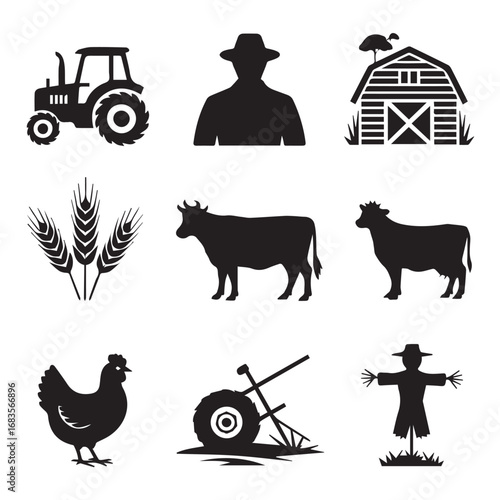 Farm and agriculture icons in black silhouette, isolated on white background technology background