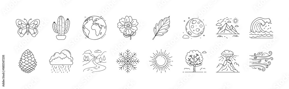 Obraz premium Nature and environment outline icons collection - Set of outline icons depicting earth, animals, plants, weather, and natural elements, ideal for ecology, sustainability, and outdoor themes. 