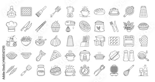 Cooking and kitchen line icons set - Collection of outlined icons showing cooking tools, food, utensils, and kitchenware for baking, meal preparation, and culinary activities.
