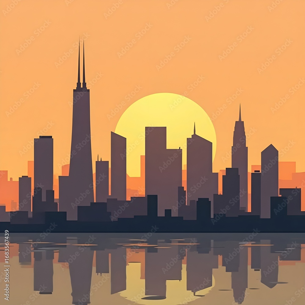Obraz premium Stylized sunset skyline of San Francisco with reflections on the water 