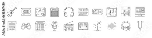 Music and audio equipment line icons set - Collection of black and white line icons representing music instruments, sound equipment, headphones, microphones, mixing tools, and recording elements.
