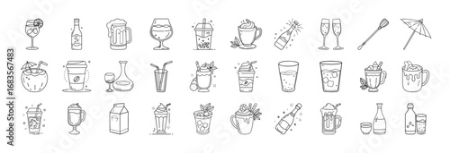 Cocktails and beverages outline icons set - Collection of thin line icons showing cocktails, wine, beer, champagne, tropical drinks, glasses, garnishes, bottles, and bar utensils. Perfect for bar menu