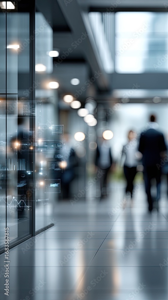 Obraz premium Individuals stroll along a sleek pathway featuring vibrant digital panels displaying various data and information in an urban environment