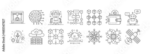 Artificial intelligence and technology outline icons set - Black and white line icons representing AI, robots, blockchain, cloud computing, networks, digital wallets, automation, and futuristic techno