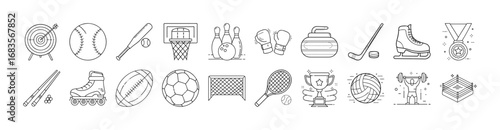 Sports and fitness outline icons set - Collection of black and white line icons showing different sports equipment and activities including basketball, soccer, tennis, baseball, golf, and skating.  
