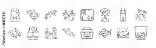 Fishing and outdoor activity outline icons set - Black and white line icons collection showing fishing gear, fish, life vest, binoculars, tackle box, aquarium, and outdoor hobby elements.  
