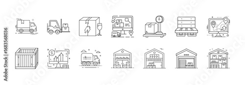 Logistics and warehouse outline icons set - Black and white line icons collection representing delivery, shipping, storage, inventory, warehouse, forklift, cargo, packaging, and distribution.  
