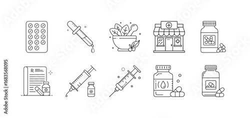 Medicine and healthcare outline icons set - Black and white line icon collection featuring pills, syringes, pharmacy, prescription, supplements, herbal remedies, and medical healthcare products.
