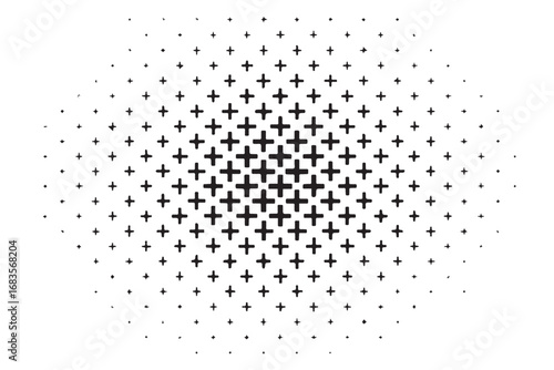 Abstract circular pattern of black plus signs gradually fading outward on a white background creating a textured halftone effect