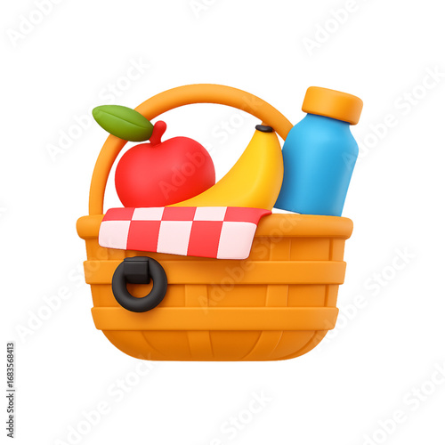 3d picnic basket with apple banana and water bottle isolated on transparent background