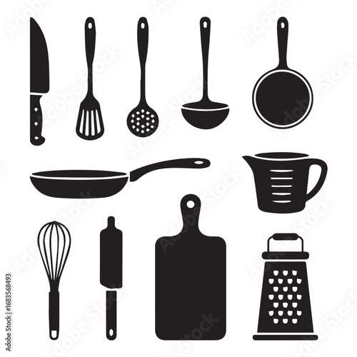 Set of kitchen utensil icons including knives, spatulas, ladles, pans, whisk, rolling pin, cutting board, and grater isolated on white background technology background