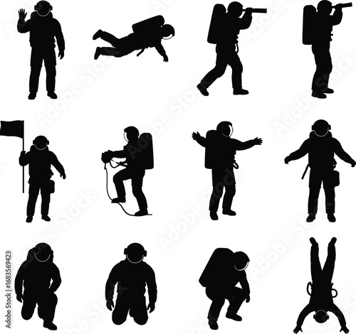 Silhouette set of astronauts in various space poses, floating, walking, exploring, kneeling, and performing space missions in spacesuits