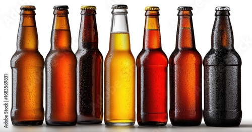 Row of various beer bottles.  Different amber, light, and dark colored bottles.  A selection of bottled brews