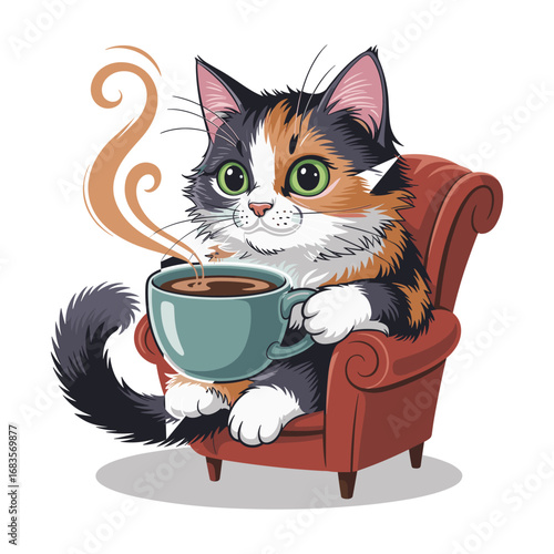 Cozy calico cat enjoys a warm cup of coffee while relaxing in an armchair