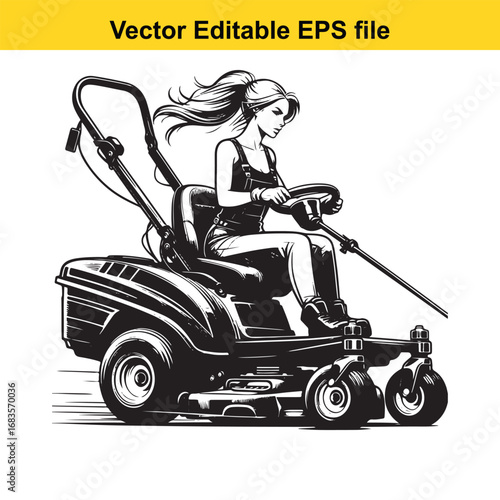 Woman operating a riding lawn mower, vector illustration
