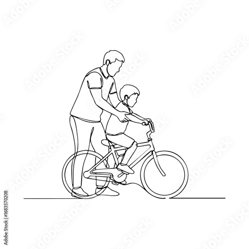 Learning to Ride: A father guides his son in his first bike ride, capturing a moment of paternal love and the joy of childhood in a vector illustration.