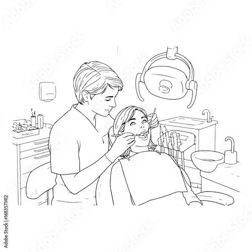 Vintage dentist scene vector illustration of a patient receiving dental care from a dentist