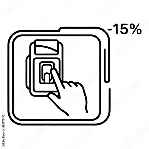 Finger pressing button on payment terminal with percentage discount symbol vector illustration