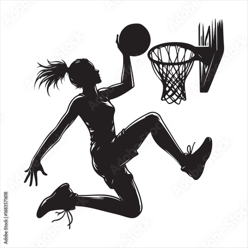 Silhouette of a female basketball player in mid-air about to score. Dynamic vector illustration of a woman athlete jumping for a slam dunk