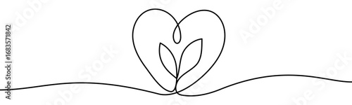 Heart shape with leaves inside. Symbol of love for nature, ecology, sustainability and green life, vector illustration in continuous line style